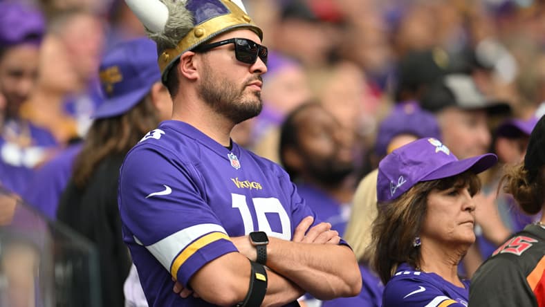 Vikings fan shows strong emotion in the stands during a home game against the Buccaneers at U.S. Bank Stadium.