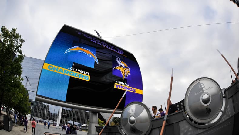 The Viking ship monument sits outside U.S. Bank Stadium before a Vikings home game. 2028 NFL Draft