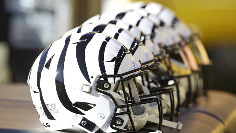 Cincinnati Bengals helmets on the sideline before facing the Steelers. 8/27/25