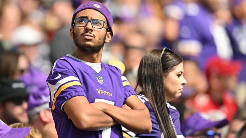 Vikings fan reacting in the stands during a game against the Buccaneers at U.S. Bank Stadium.