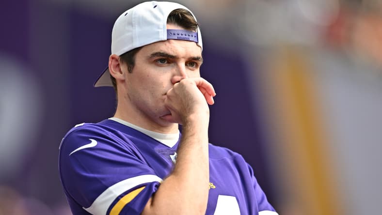 Minnesota Vikings fan reacts during 2023 game at U.S. Bank Stadium.