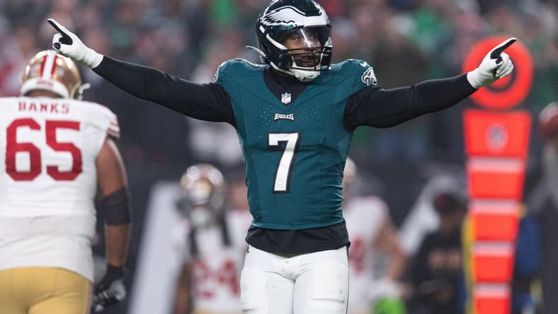 Haason Reddick reacts after a defensive stop during an Eagles game against the 49ers at Lincoln Financial Field.