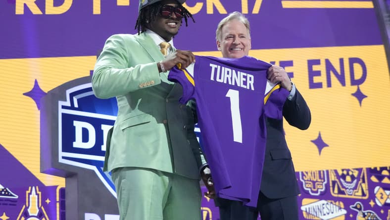 Dallas Turner poses with Roger Goodell after being selected by the Vikings in the 2024 NFL Draft. 2028 NFL Draft