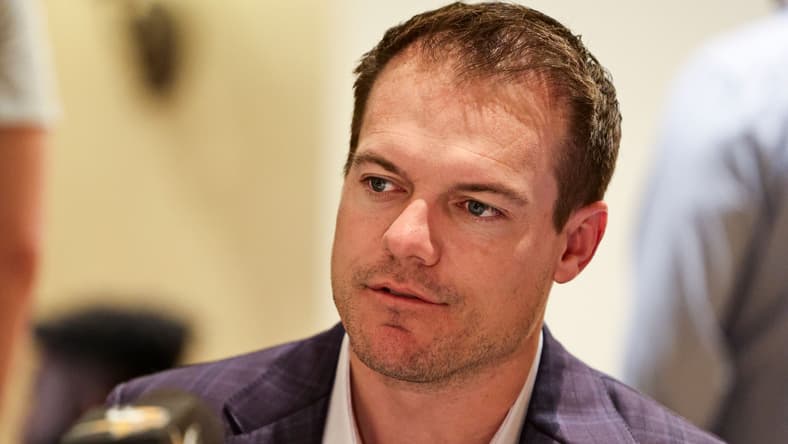 Kevin O’Connell speaking to media at NFL annual league meetings in Orlando.