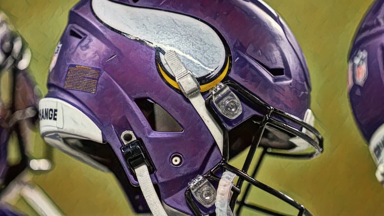 Minnesota Vikings helmet on the field before a preseason game at U.S. Bank Stadium.