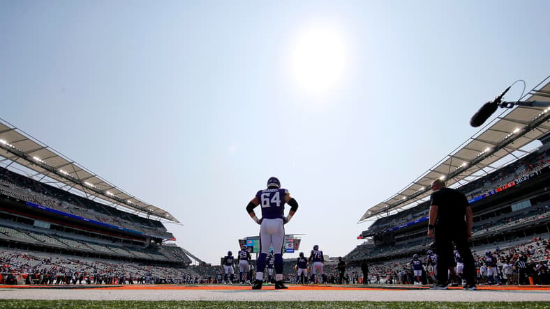Blake Brandel warms up before Vikings game against Bengals in Cincinnati.