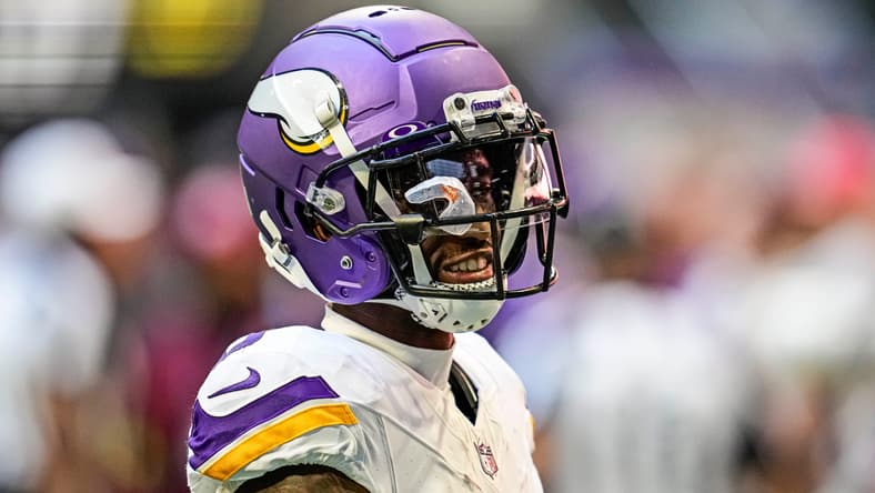 Jordan Addison warms up before a Vikings road game against the Atlanta Falcons at Mercedes-Benz Stadium. Vikings rumors