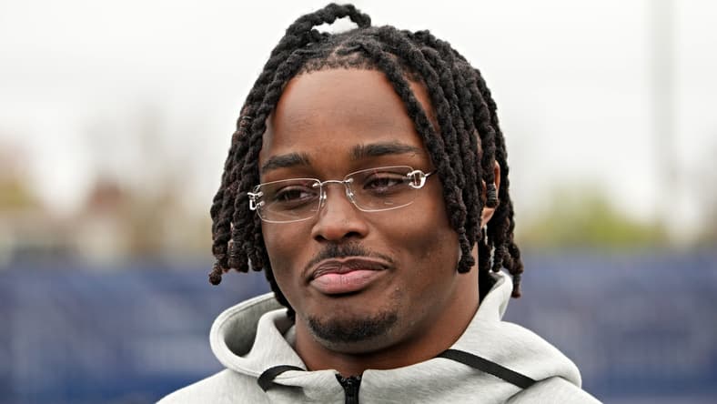 Dallas Turner takes part in the Play Football Prospect Clinic during NFL Draft week in Detroit. J.J. McCarthy
