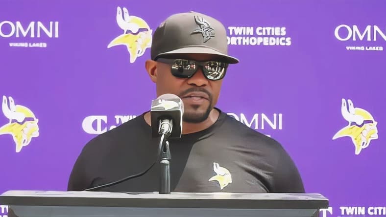 Brian Flores speaks at Vikings camp after being hired to fix the defense.