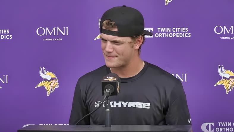 J.J. McCarthy answers questions during Vikings Training Camp at the TCO Performance Center.