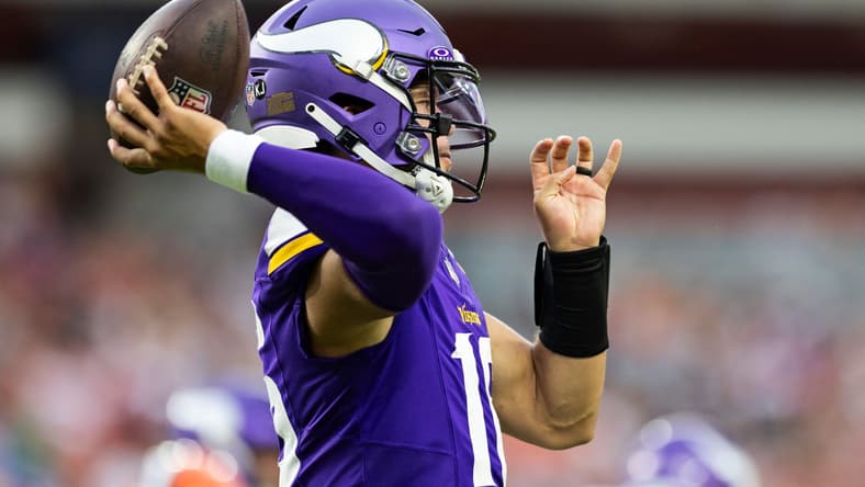 Jaren Hall throws a pass during a preseason game against the Browns