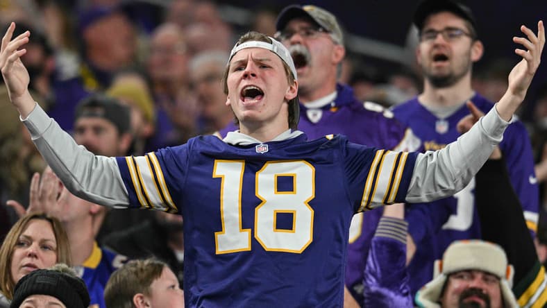 Vikings fans react during a home game against the Packers at U.S. Bank Stadium.