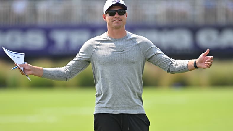 Kevin O’Connell reacts during Vikings training camp practice in Eagan, Minnesota.