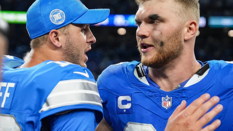 Jared Goff and Aidan Hutchinson celebrate Lions win over Rams in September 2024.