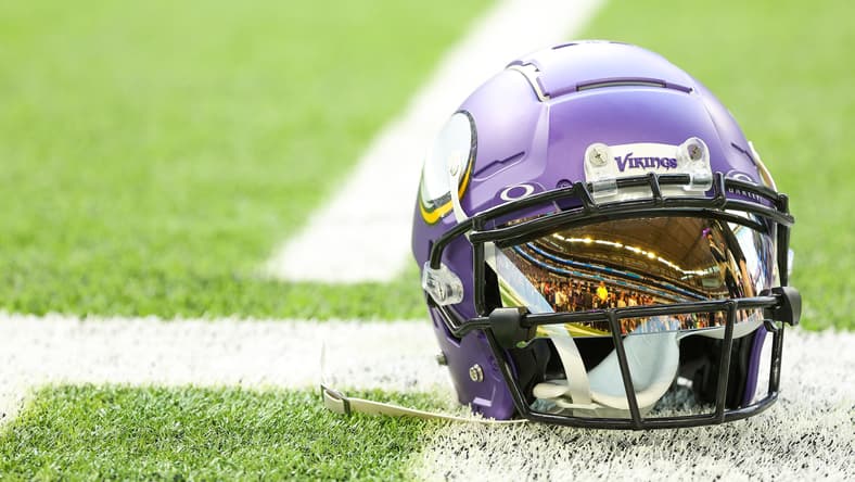 Photo of Tyler Batty's Vikings helmet with visor before the Lions game at U.S. Bank Stadium.