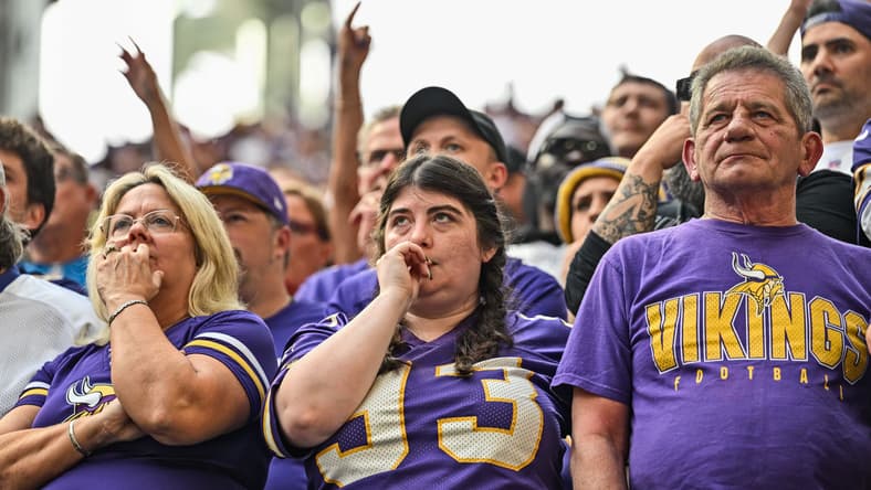 Vikings fans react emotionally late in a home game against the Lions.
