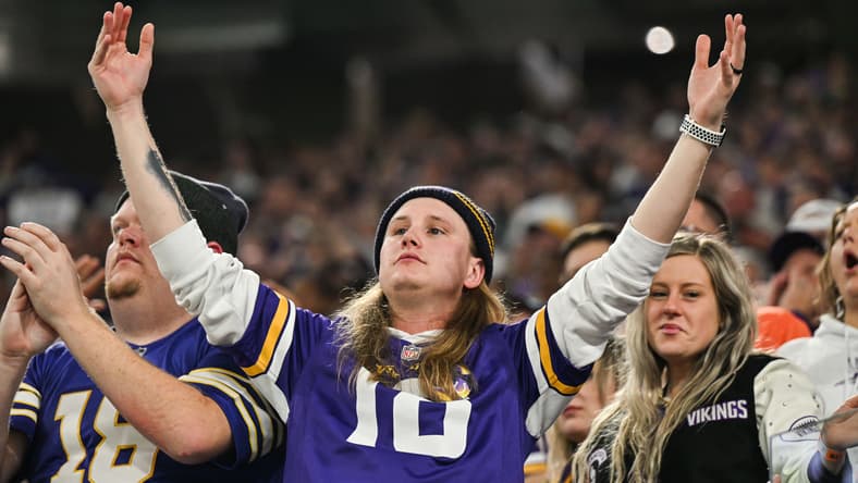 Minnesota Vikings fans react emotionally during the fourth quarter of a home game against the Indianapolis Colts at U.S. Bank Stadium.