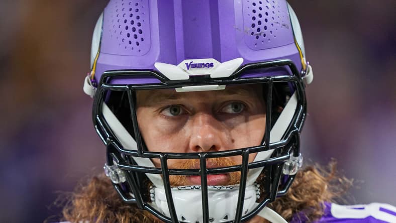 T.J. Hockenson warming up at U.S. Bank Stadium before a Vikings game.