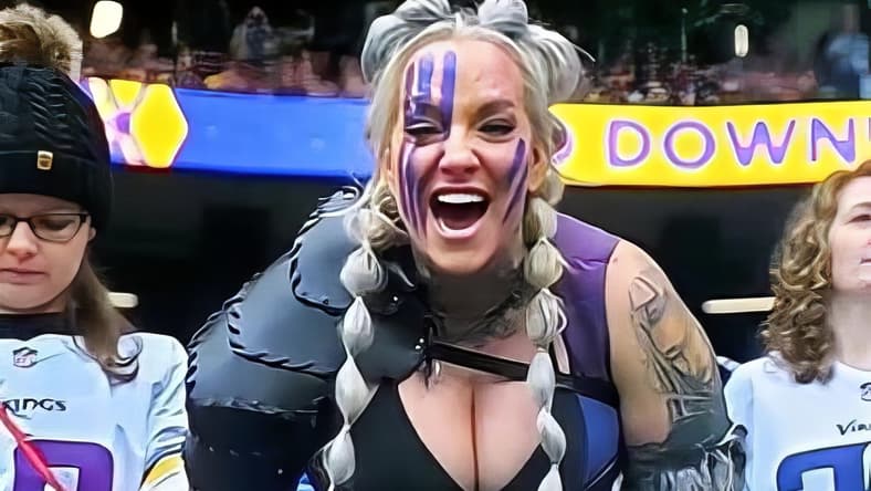 Vikings superfan Lady Lagertha cheering in the stands during a game in London.