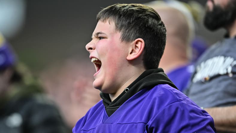 Frustrated Minnesota Vikings fan reacts during the closing moments of a home loss to the Arizona Cardinals at U.S. Bank Stadium.