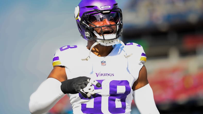 Minnesota Vikings linebacker Jonathan Greenard (58) goes through pregame warmups ahead of a matchup with the Tennessee Titans, with the scene unfolding on Nov. 17, 2024 at Nissan Stadium in Nashville, as Greenard stretches and readies himself on the field before Minnesota’s road contest begins. Mandatory Credit: Steve Roberts-Imagn Images.