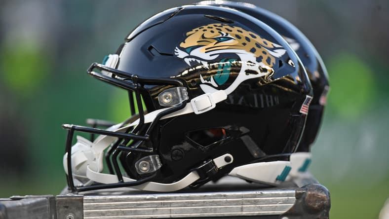 Jacksonville Jaguars helmets line the sideline during a game against the Eagles in Philadelphia.