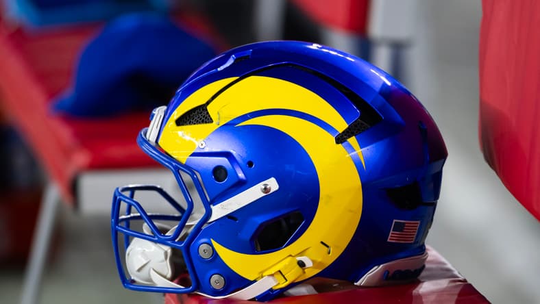 Close-up of a Los Angeles Rams helmet during an NFC Wild Card game.