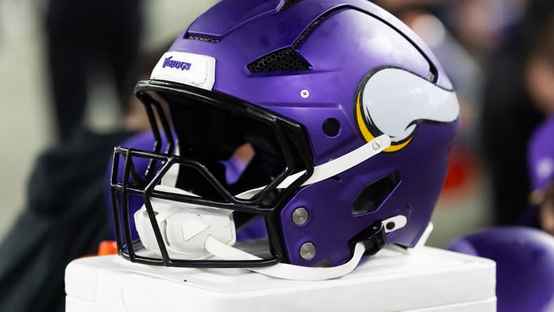Close-up of a Minnesota Vikings helmet during the 2025 NFC wild card game.