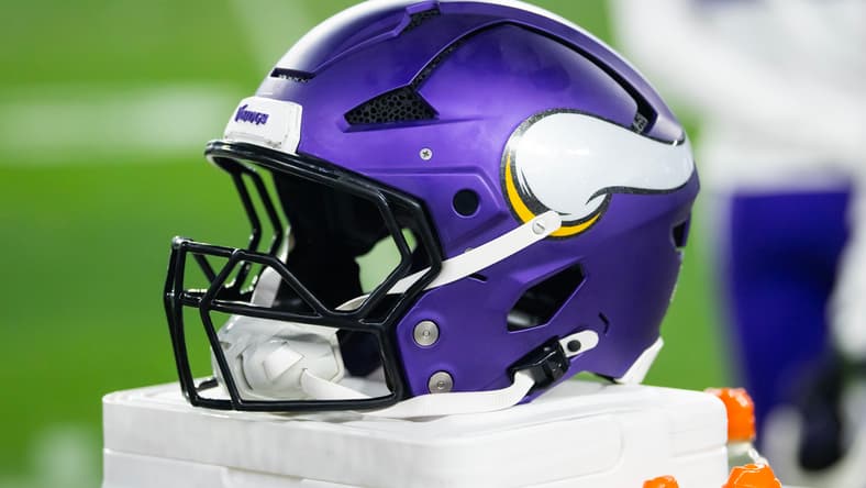 Close-up view of a Minnesota Vikings helmet on the sideline during the NFC wild card game at State Farm Stadium on Jan. 13, 2025.