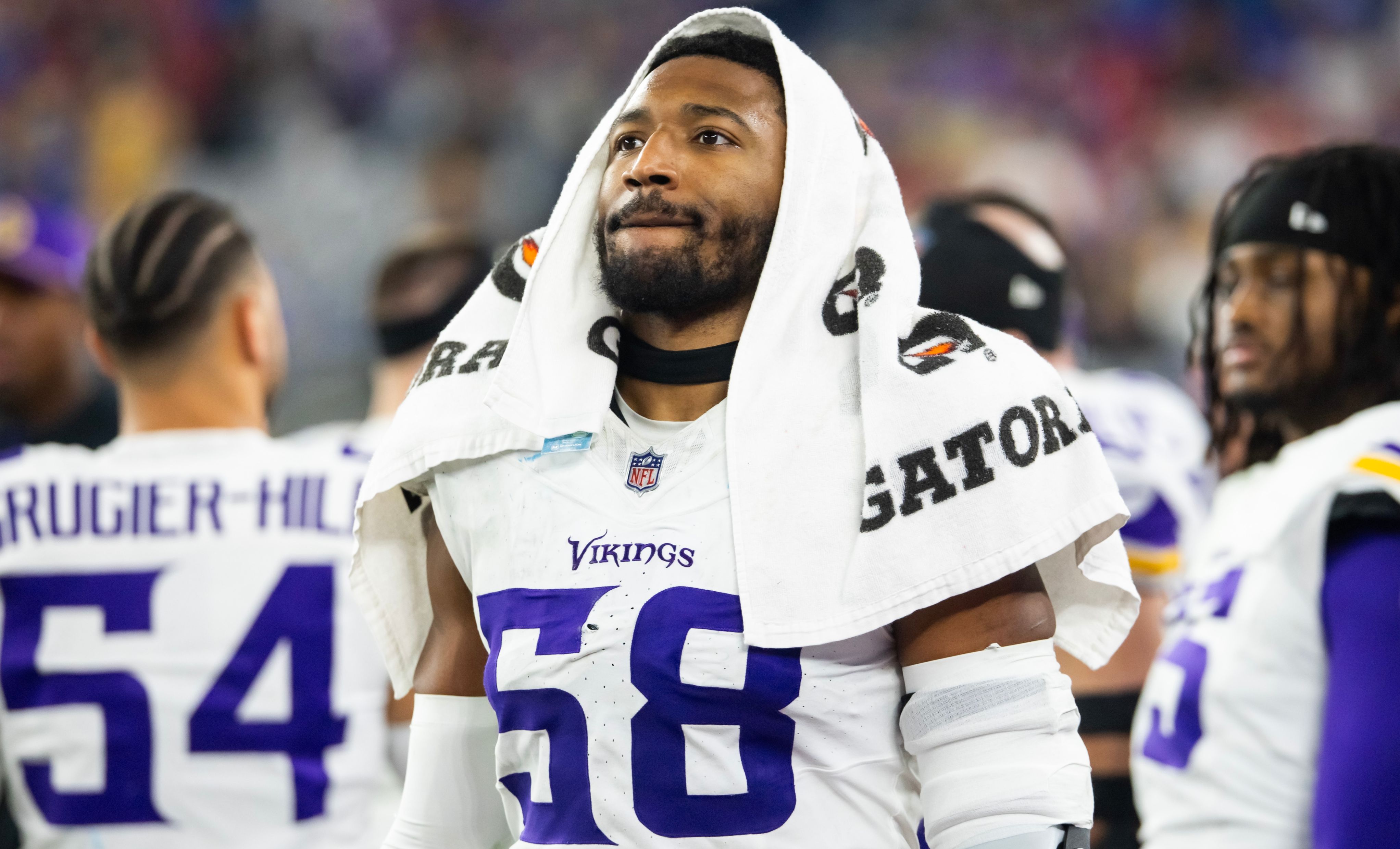 Jonathan Greenard lines up for a defensive snap during the Vikings’ playoff game against the Rams in Glendale. Jonathan Greenard Vikings