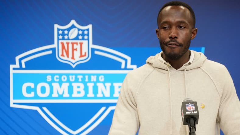 Vikings general manager Kwesi Adofo-Mensah speaks at the NFL Scouting Combine in Indianapolis.