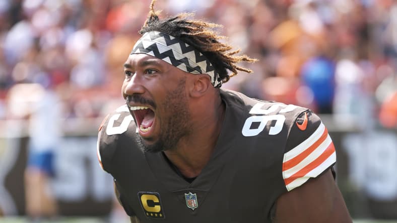 Myles Garrett enters the field before a Cleveland Browns game against the New York Jets.