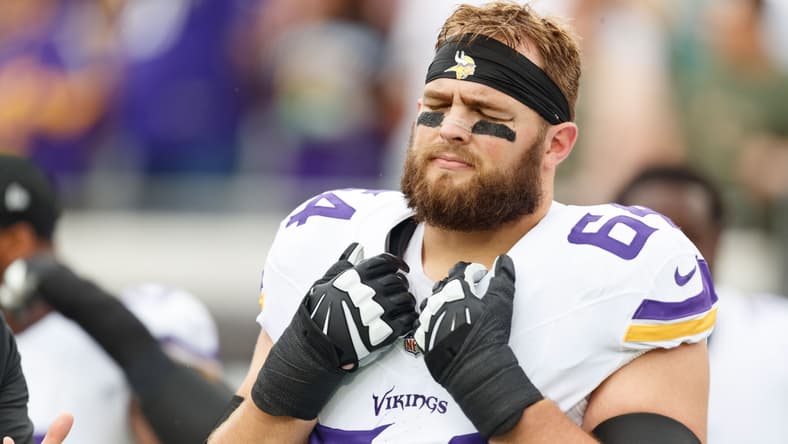 Vikings offensive lineman Blake Brandel warms up before a game against the Jacksonville Jaguars at EverBank Stadium.