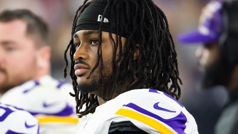 Vikings linebacker Dallas Turner lines up on defense during a playoff game against the Rams. Vikings OTAs