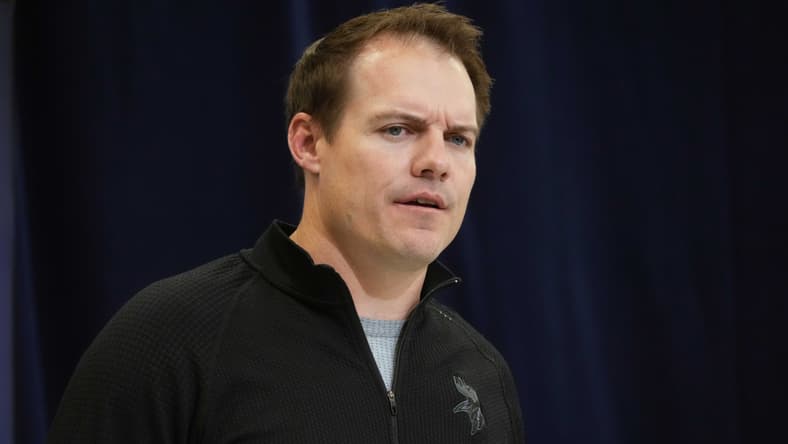 Kevin O'Connell speaks at the 2025 NFL Combine in Indianapolis.