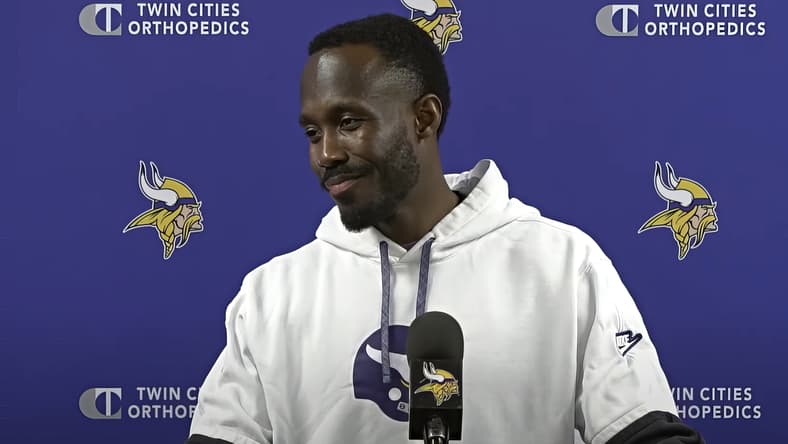 Kwesi Adofo-Mensah speaks at Vikings press conference in March 2025