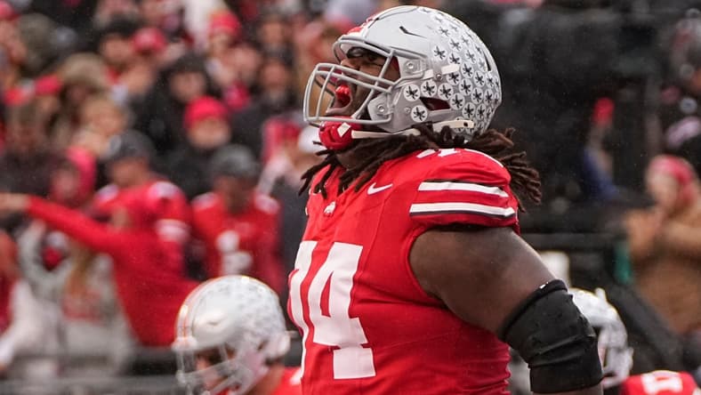 Donovan Jackson (74) plays tackle for Ohio State after shifting from guard due to injury.