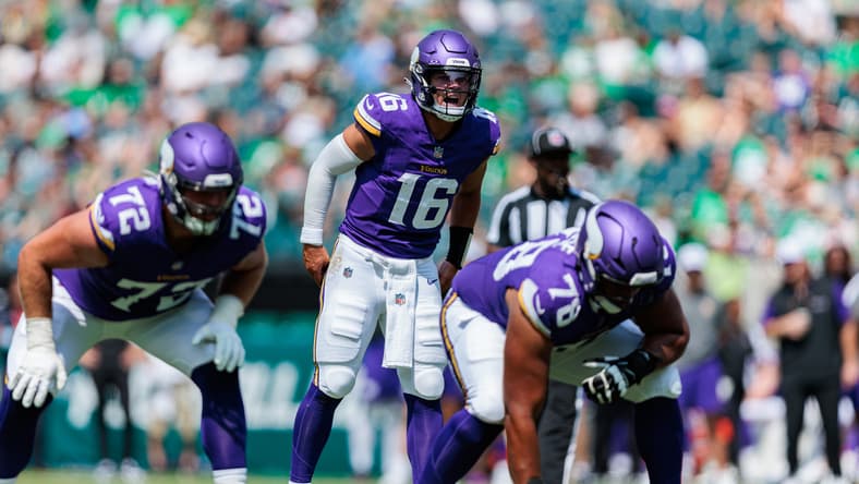 Jaren Hall prepares for a snap during a Vikings preseason game against the Eagles in Philadelphia. Vikings myths and misses