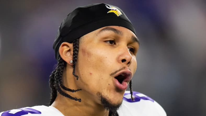 Jalen Nailor lines up during the Vikings’ 2025 Wild Card game vs. the Rams.