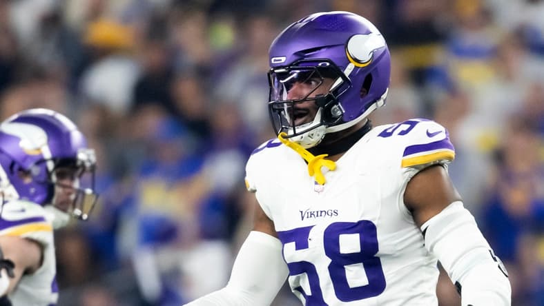 Jonathan Greenard plays linebacker for the Vikings during a Wild Card playoff game against the Rams.
