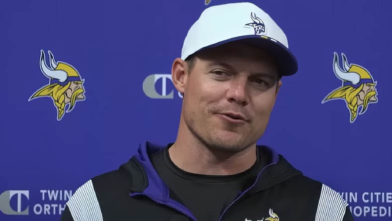 Kevin O’Connell addresses the media during Vikings OTAs in 2025.