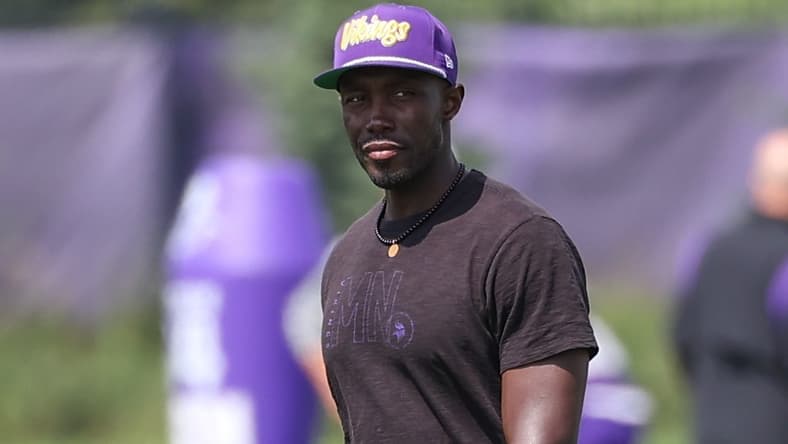 Minnesota Vikings GM Kwesi Adofo-Mensah observing practice at TCO Performance Center.