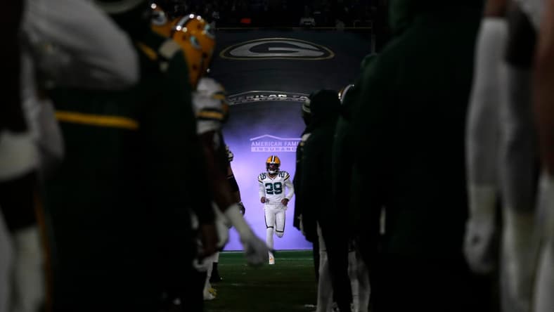 Rasul Douglas enters the field before a game against the Tennessee Titans at Lambeau Field.