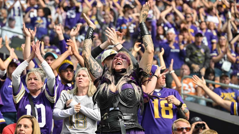 Vikings fans cheer from the stands during the season opener.