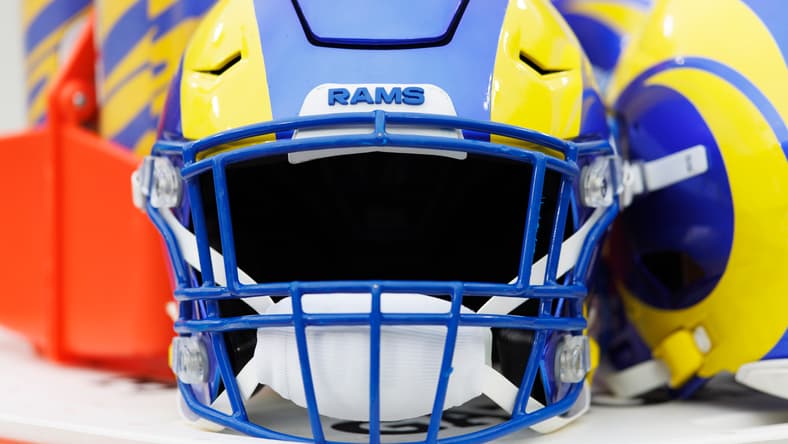 Close-up of a Los Angeles Rams helmet on the sideline before the game against the Packers at Lambeau Field.