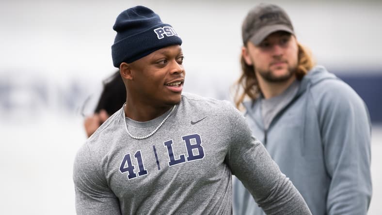 Linebacker Kobe King warms up during Penn State’s Pro Day at Holuba Hall in State College.