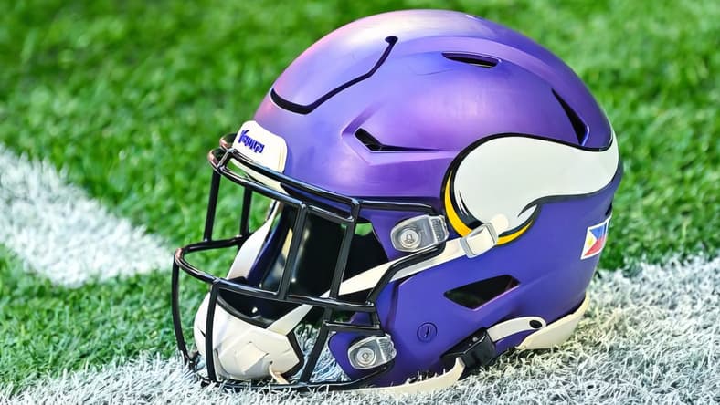 Close-up of Justin Jefferson’s helmet before the Vikings faced the Lions.