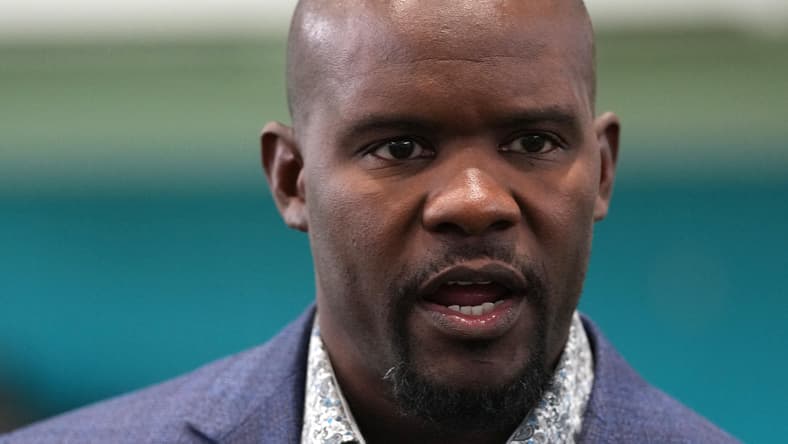Miami Dolphins head coach Brian Flores speaks during the grand opening of the Baptist Health Training Complex in Miami Gardens, Florida on Jul. 20, 2021.