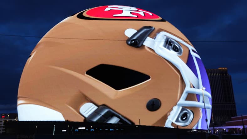 49ers helmet projection on the Las Vegas Sphere before the 2025 season.