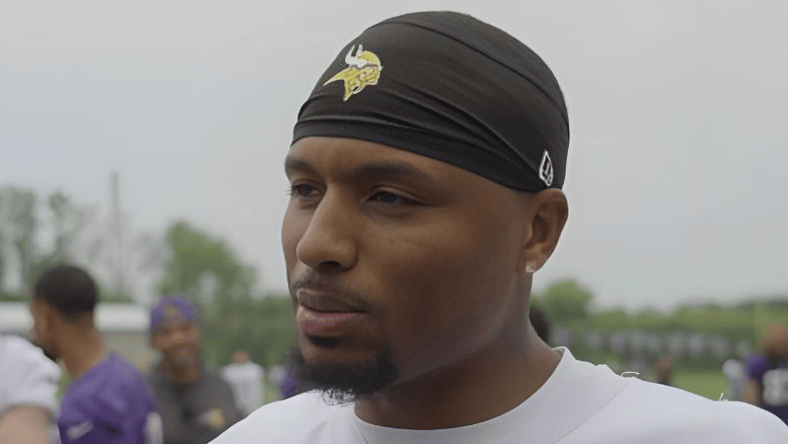 Isaiah Rodgers talks to reporters after Vikings minicamp practice.